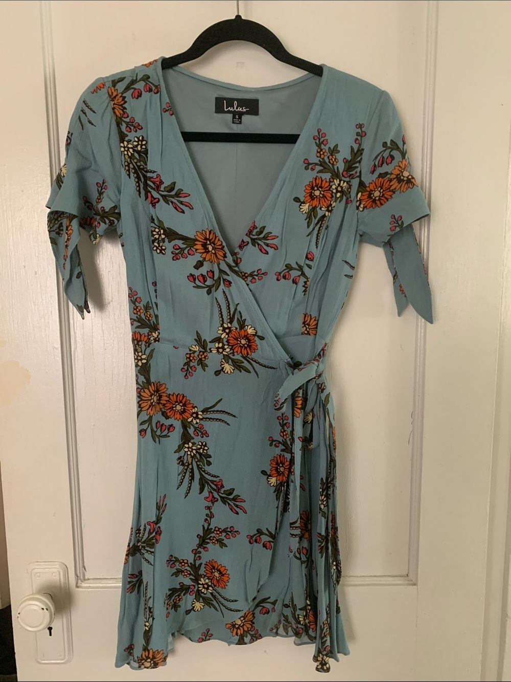 Lulu's Dusty Blue Floral Tie-Waist Wrap Dress